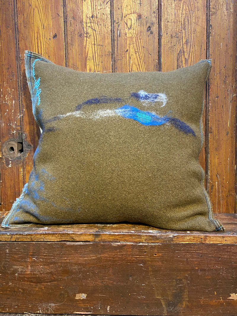 Handmade felted cushion with vintage blankets and handwork. Square brown and blue patch felt. By Lost and Found Projects and JMR Design