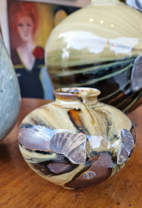 Small Stoneware Round Pot with Shells and Poured Glazes by Alex Shimwell