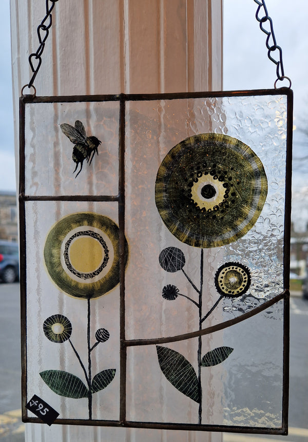 Hand painted flowers and bee reclaimed leaded glass hanging panel 50s style by Bec Davies