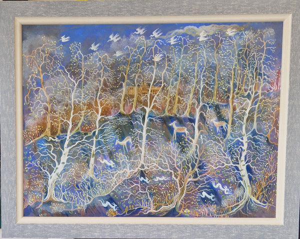 Woodland Misty Morning Tempera Painting by Kate Collins