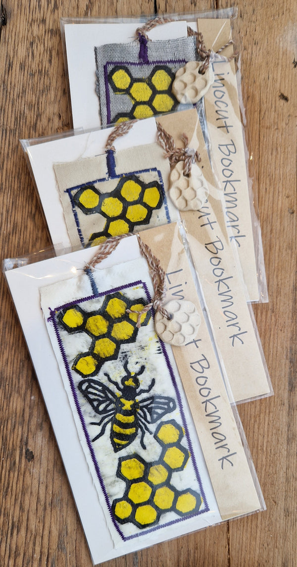 Bee Honeycomb Linocut Bookmarks with Clay Bottle 2024 by Shauna McCann