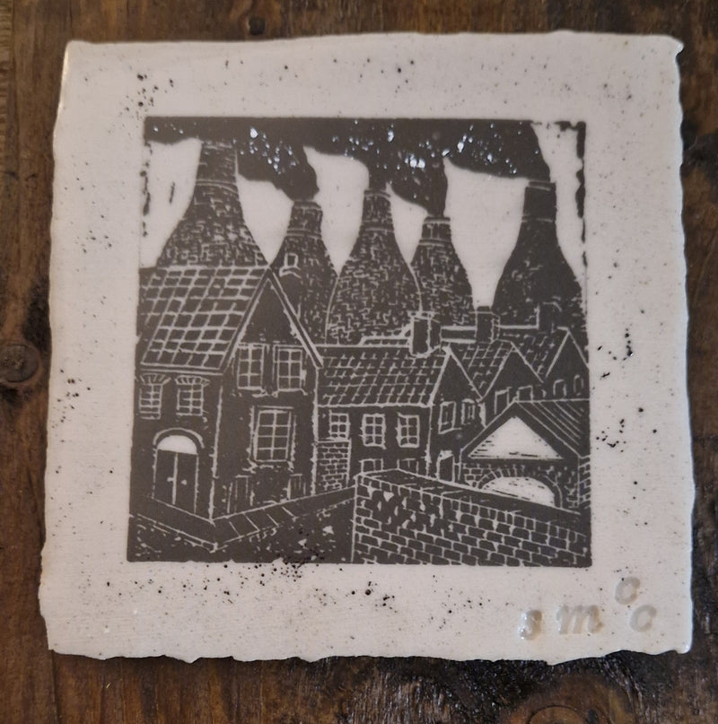 Bottle Kiln Linocut hand printed Clay tiles by Shauna McCann