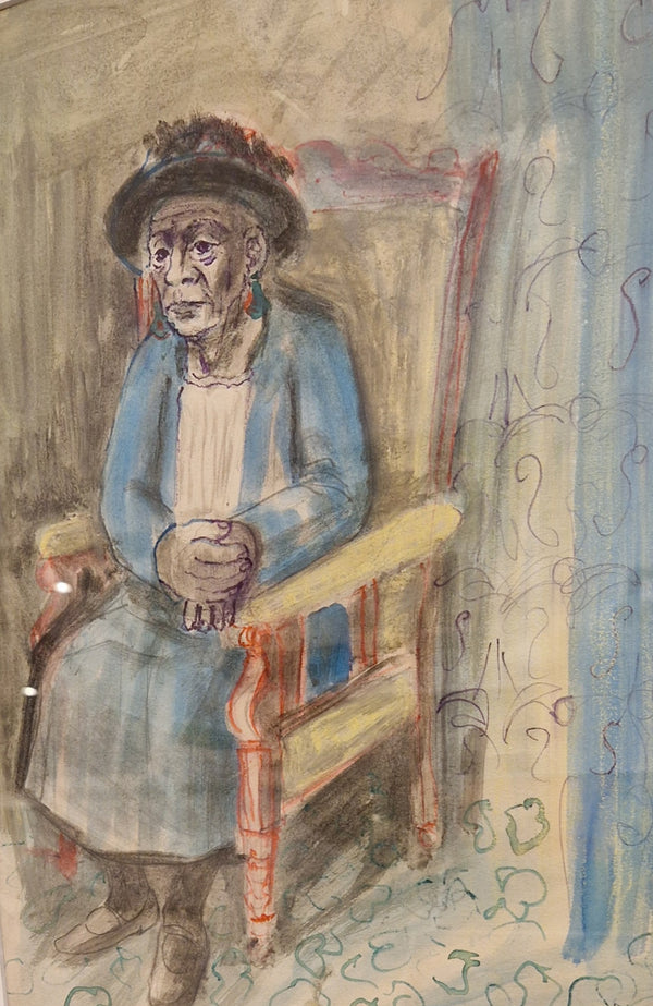 LD3 Old Woman seated drawing c1950s by Leslie Duxbury