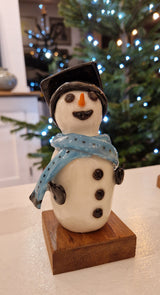 Handmade Large Ceramic Snowmen 2025 by Barbara Chadwick Torquoise scarf with black mortar board Gift from Barewall Art Gallery