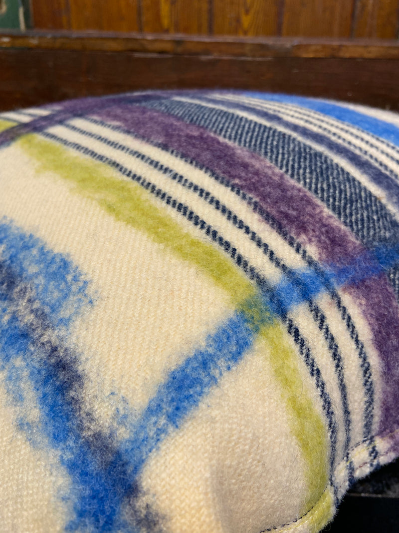 Handmade felted cushion with vintage blankets and handwork. Square blue and purple felt. By Lost and Found Projects and JMR Design