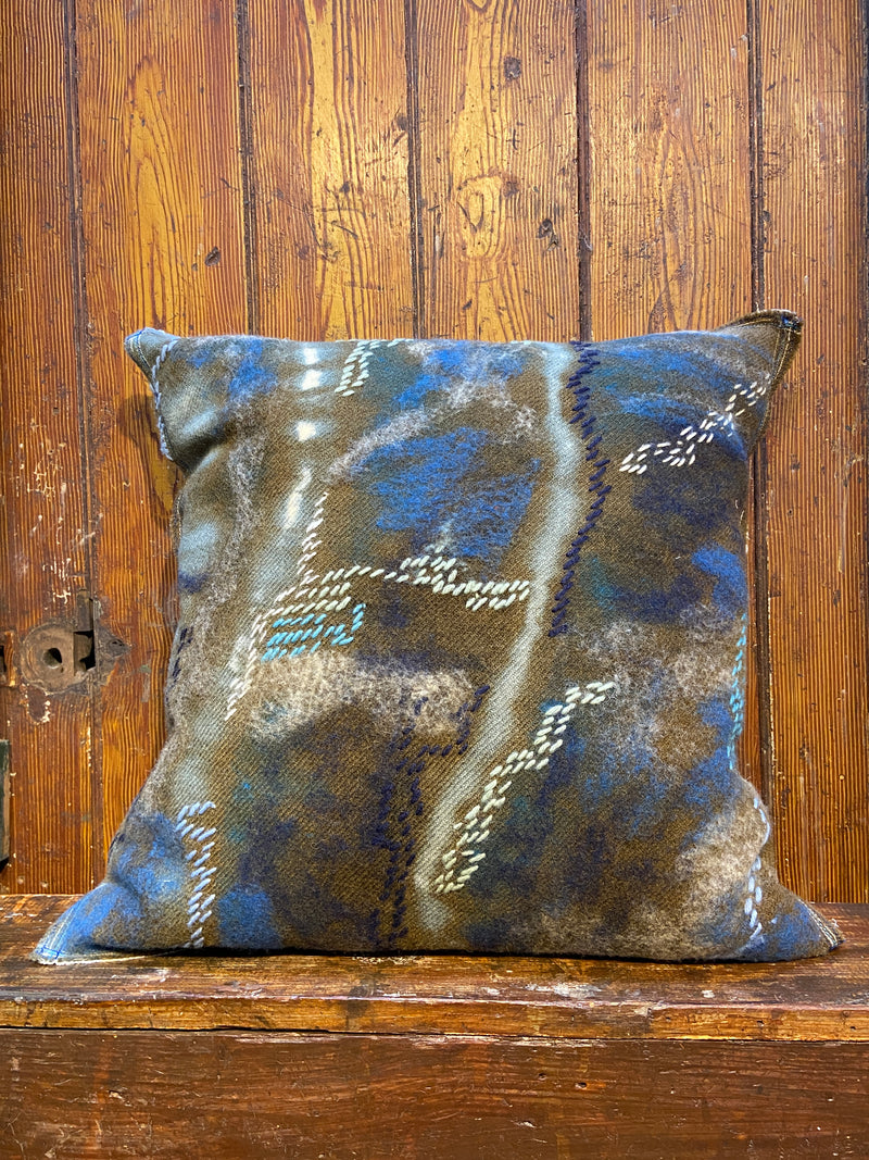 Handmade felted cushion with vintage blankets and handwork. Square brown squiggles and embroidery felt. By Lost and Found Projects and JMR Design
