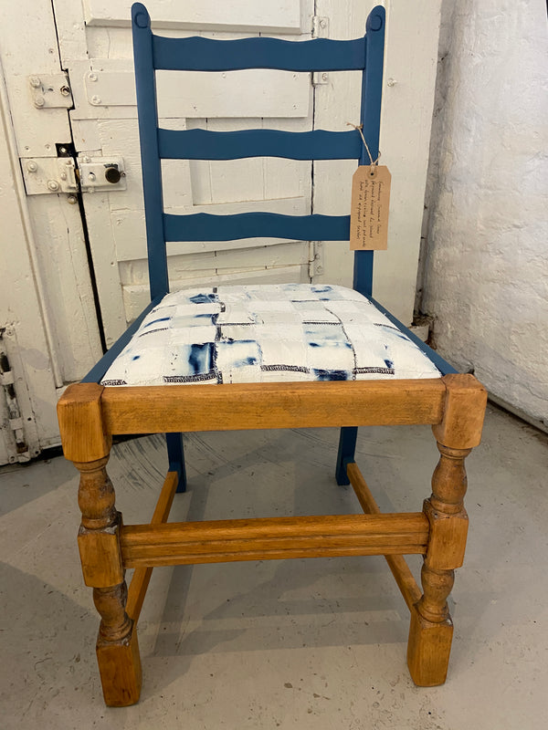 Farmhouse Occasional Chair in Demin and Calico. Repaired Restored Reworked with Denim and Calico seat pad by Lost and Found Projects