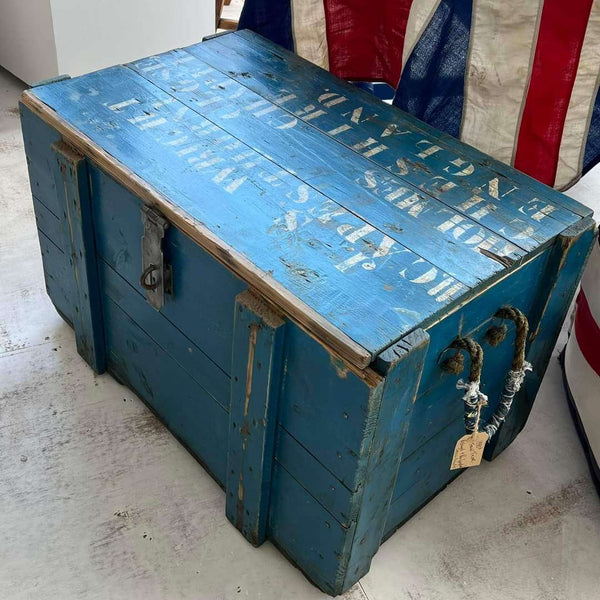 1950s Restored Blue Wooden Trunk with original signwriting by Lost and Found Projects