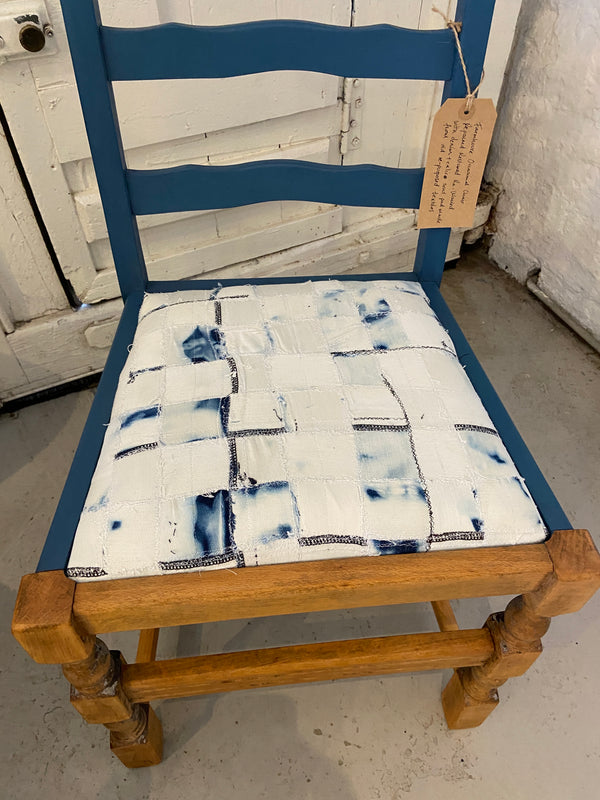 Farmhouse Occasional Chair in Demin and Calico. Repaired Restored Reworked with Denim and Calico seat pad by Lost and Found Projects