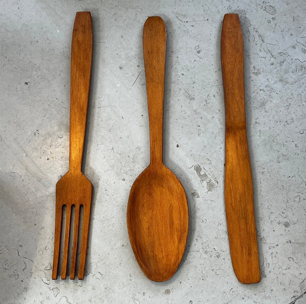 Vintage Mid Century Teak Knife Fork and Spoon - Oversize Wall Art by Lost and Found Projects