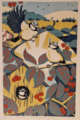 Blue Tits in the Dingle Dangle Tree 2024 Lino Print by Louise Edwards Prints from Barewall Art Gallery