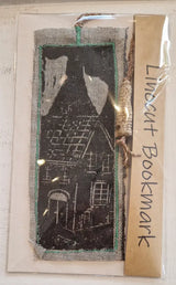 Bottle Kiln and Rooftops Linocut Bookmarks with Clay Bottle 2025 by Shauna McCann Bottle Kiln lino on grey with green stitch Book from Barewall Art Gallery