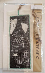 Bottle Kiln and Rooftops Linocut Bookmarks with Clay Bottle 2025 by Shauna McCann Bottle Kiln lino on white with blue stitch Book from Barewall Art Gallery