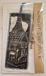 Bottle Kiln and Rooftops Linocut Bookmarks with Clay Bottle 2025 by Shauna McCann Bottle Kiln lino on white with green stitch Book from Barewall Art Gallery