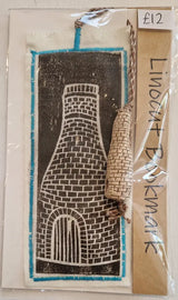 Bottle Kiln Linocut Bookmarks with Clay Bottle 2024 by Shauna McCann Bottle Kiln lino on white with blue stitch Book from Barewall Art Gallery
