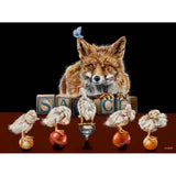 Greeting Card Collection by Jane Ford La Troupe Orange - Fox observing Chicks with Toy Blocks spelling SAUCE Cards from Barewall Art Gallery