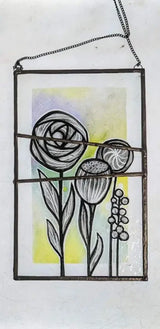 Hand painted flower and seed heads on reclaimed leaded glass hanging panel 40s style by Rebecca Davies Glass from Barewall Art Gallery