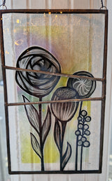 Hand painted flower and seed heads on reclaimed leaded glass hanging panel 40s style by Bec Davies by Barewall