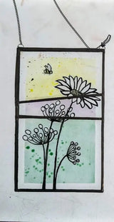Hand painted flowers, seeds and bee on reclaimed leaded glass hanging panel 40s style by Rebecca Davies Glass from Barewall Art Gallery