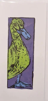 Hand printed Bee and honeycomb art greeting cards 2024 by Shauna McCann Green Duck on Purple Greetings Card Gift from Barewall Art Gallery