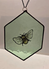 Reclaimed Stained Glass Hexagonal with painted bee 2025 by Rebecca Davies Bee on hexagonal reclaimed leaded vintage green glass Glass from Barewall Art Gallery