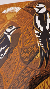 Woodpeckers Lino Print by Louise Edwards