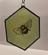 Reclaimed Stained Glass Hexagonal with painted bee 2025 by Rebecca Davies Bee on hexagonal vintage reclaimed leaded yellow glass Glass from Barewall Art Gallery