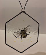 Reclaimed Stained Glass Hexagonal with painted bee 2025 by Rebecca Davies Glass from Barewall Art Gallery