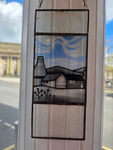 Salvaged Stained Glass Bottle Oven Painted Scenes 2026 by Rebecca Davis RD1 Potteries Landscape White 3 panel - 18.5cm x 7.5cm Original Artwork from Barewall Art Gallery