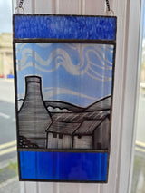 Salvaged Stained Glass Bottle Oven Painted Scenes 2026 by Rebecca Davis RD3 Potteries Landscape Cobalt Blue 3 panel - 15.5cm x 9cm Original Artwork from Barewall Art Gallery