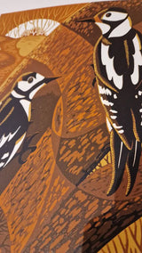 Woodpeckers Lino Print by Louise Edwards Prints from Barewall Art Gallery