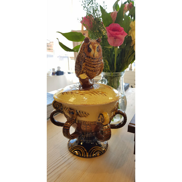 CG26 Slipware Owl Lidded Multi-handled Tyg Loving Cup by Carole Glover