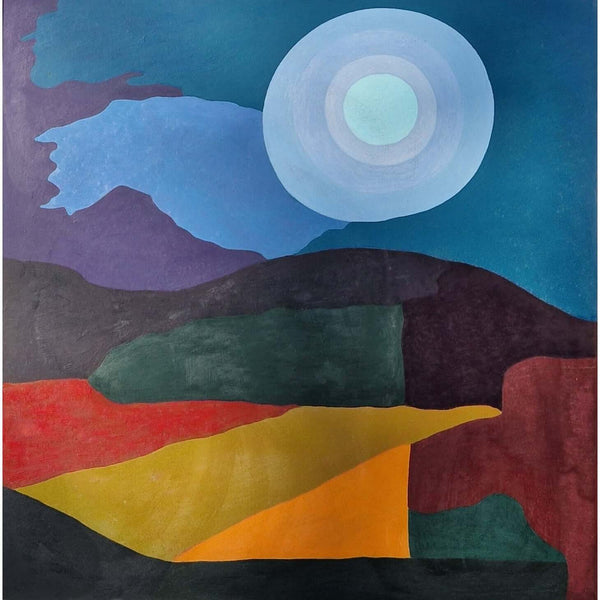 ENL005 Abstract Landscape Painting with Moon c1960s by Enos Lovatt