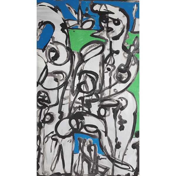 EN025 Semi Abstract Figures in Blue and Green on card by Enos Lovatt | Original Art by Enos Lovatt | Barewall Art Gallery