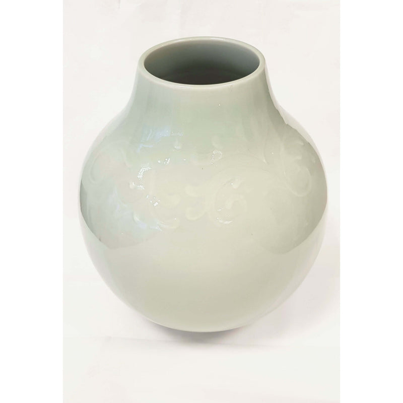 Large hand thrown vase incised decorated and celadon glaze by Bullers