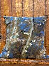 Handmade felted cushion with vintage blankets and handwork. Square brown squiggles and embroidery felt. By Lost and Found Projects and JMR Design