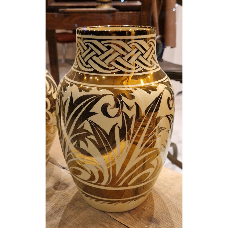 Large hand thrown vase decorated with copper lustre on lemon glaze signed Gordon Forsyth