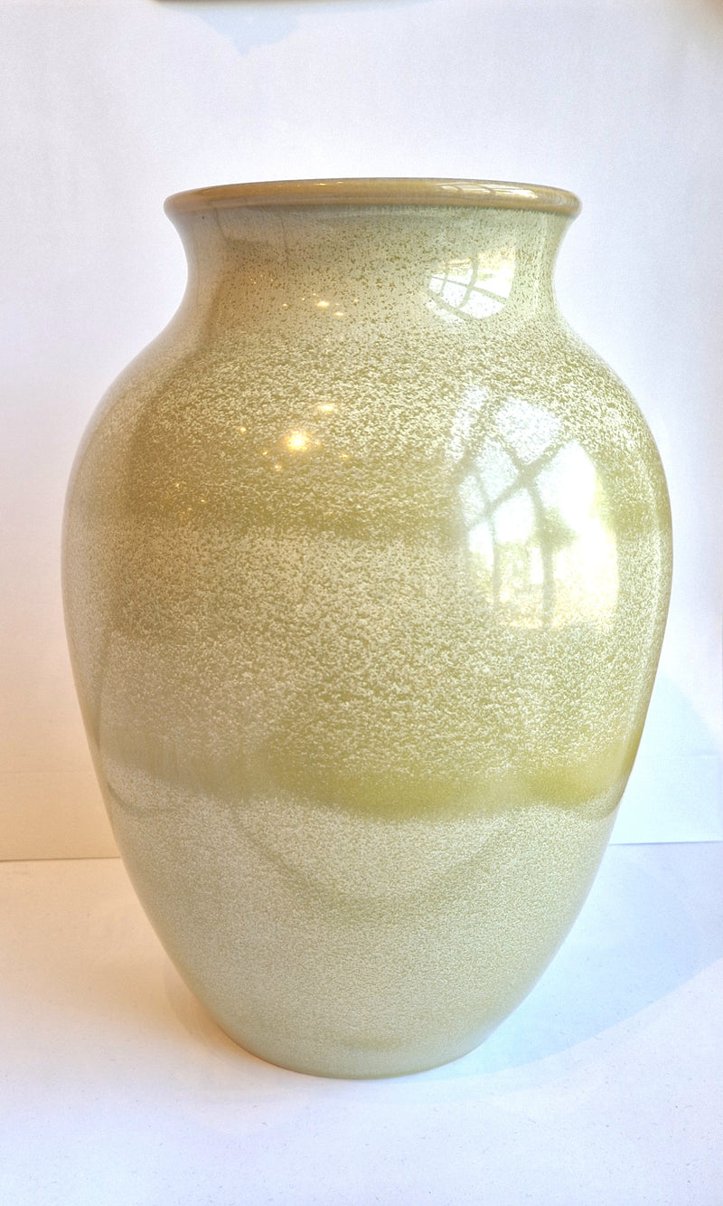 Large hand thrown vase decorated in mustard green glaze by Agnete Hoy for Bullers