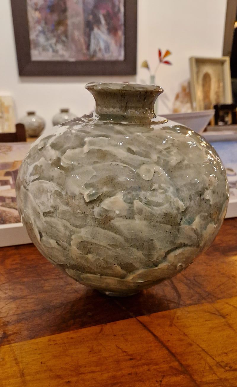 Large Stoneware Round Pot with Celedon Porcelain Wipe by Alex Shimwell