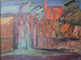 EN20Oil Buildings and Tree with Figures c1950s by Enos Lovatt