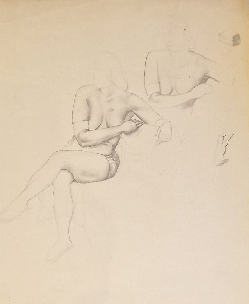 SL12 Female Seated Nude Studies with Hand Study drawing c1940s by Stanley Lewis