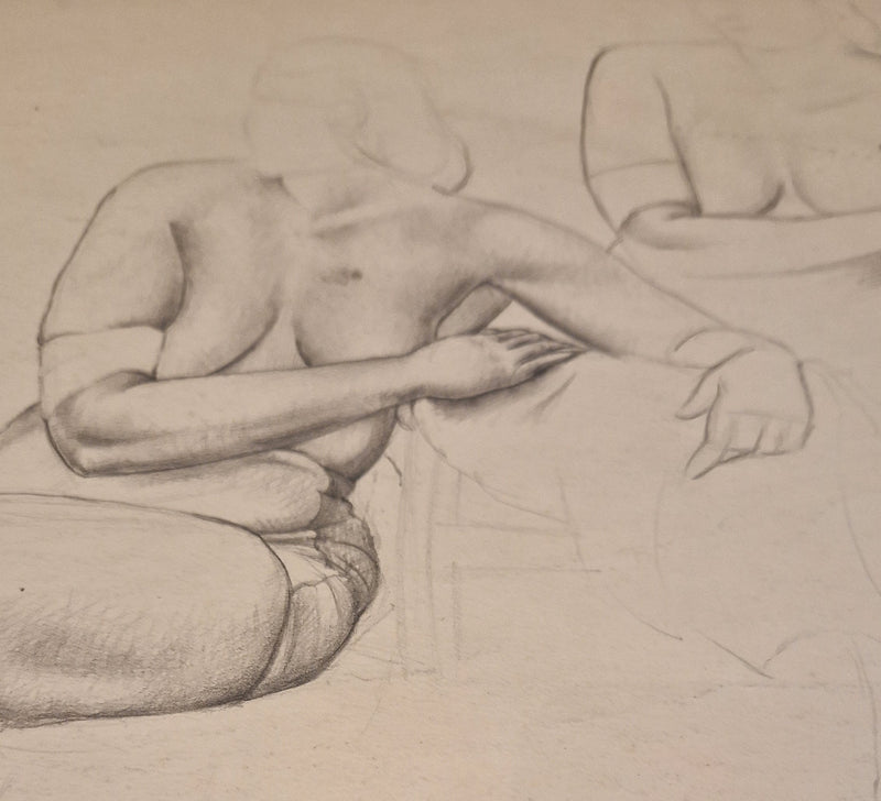 SL12 Female Seated Nude Studies with Hand Study drawing c1940s by Stanley Lewis
