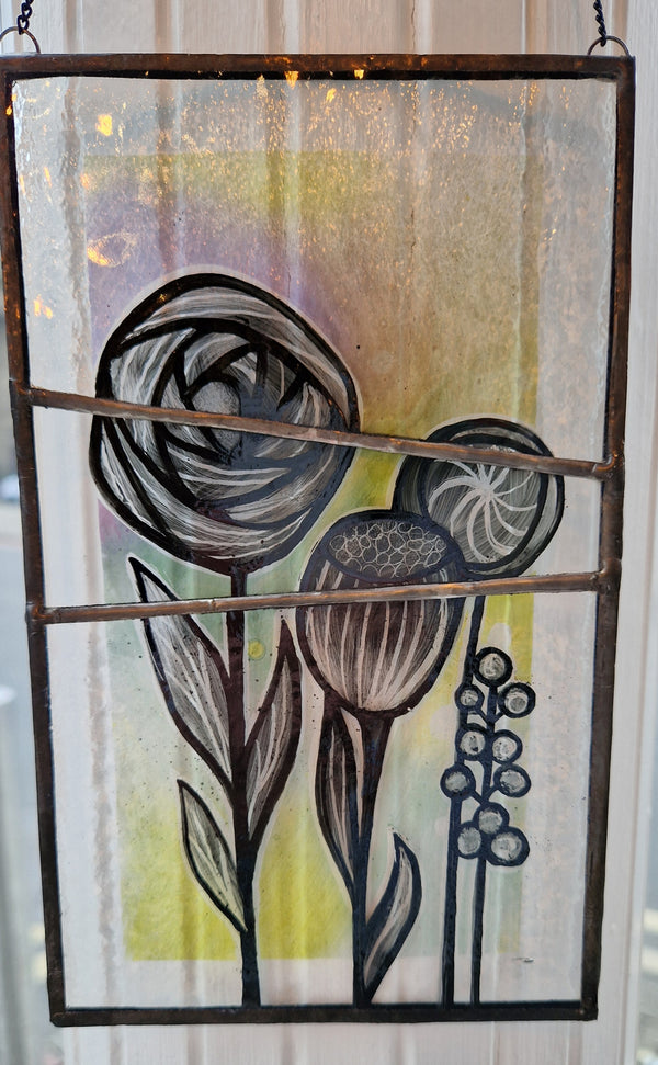 Hand painted flower and seed heads on reclaimed leaded glass hanging panel 40s style by Bec Davies