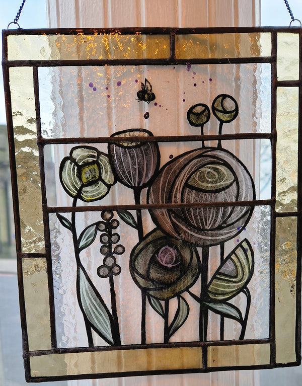 Large hand painted flowers, bee and seed heads on reclaimed leaded glass hanging panel 40s style by Bec Davies
