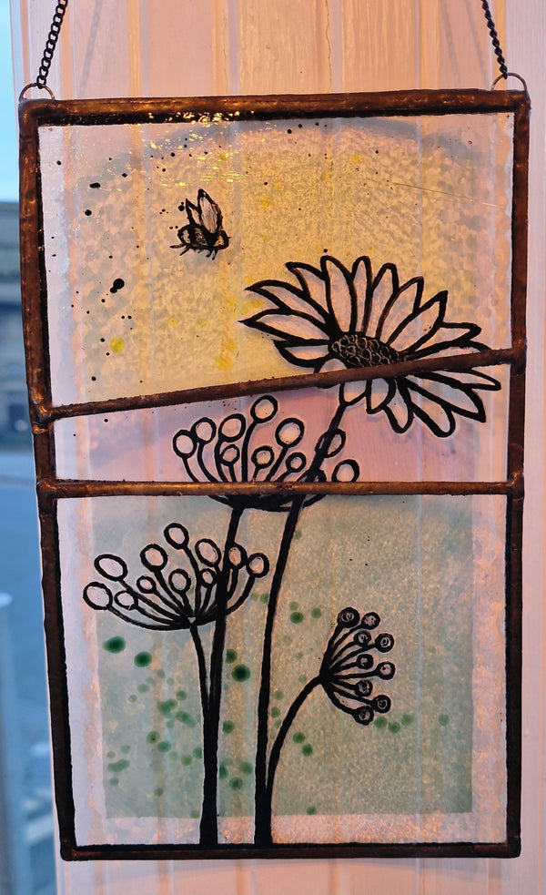 Hand painted flowers, seeds and bee on reclaimed leaded glass hanging panel 40s style by Bec Davies