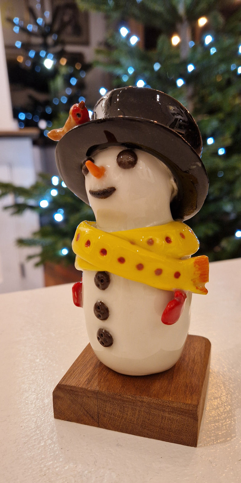 Handmade Large Ceramic Snowmen 2025 by Barbara Chadwick Yellow with red dots scarf, red gloves and blue hat with robin Gift from Barewall Art Gallery