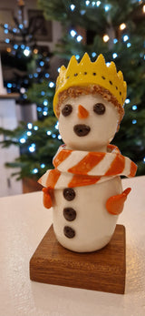 Handmade Large Ceramic Snowmen 2025 by Barbara Chadwick Yellow crown with orange and white scarf Gift from Barewall Art Gallery