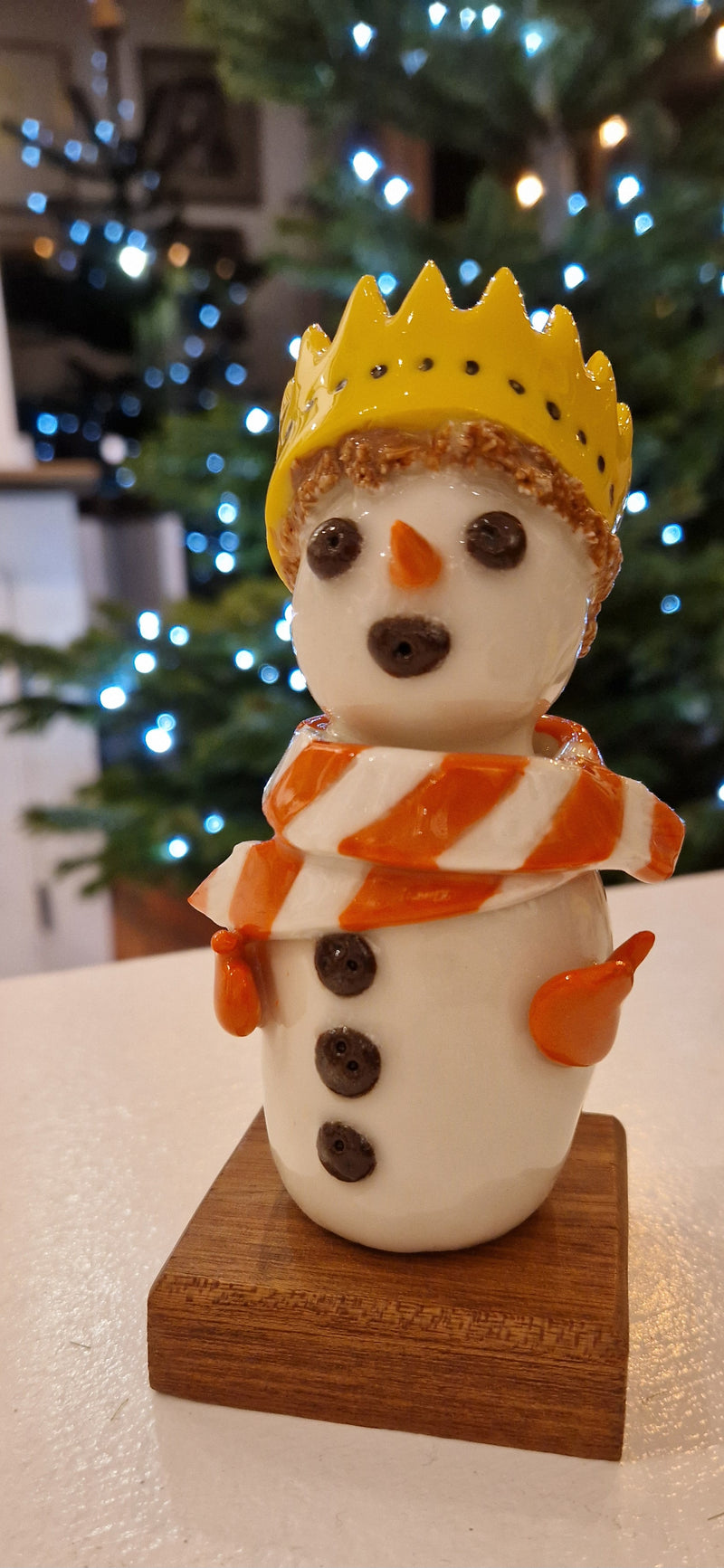 Handmade Large Ceramic Snowmen 2025 by Barbara Chadwick Yellow crown with orange and white scarf Gift from Barewall Art Gallery