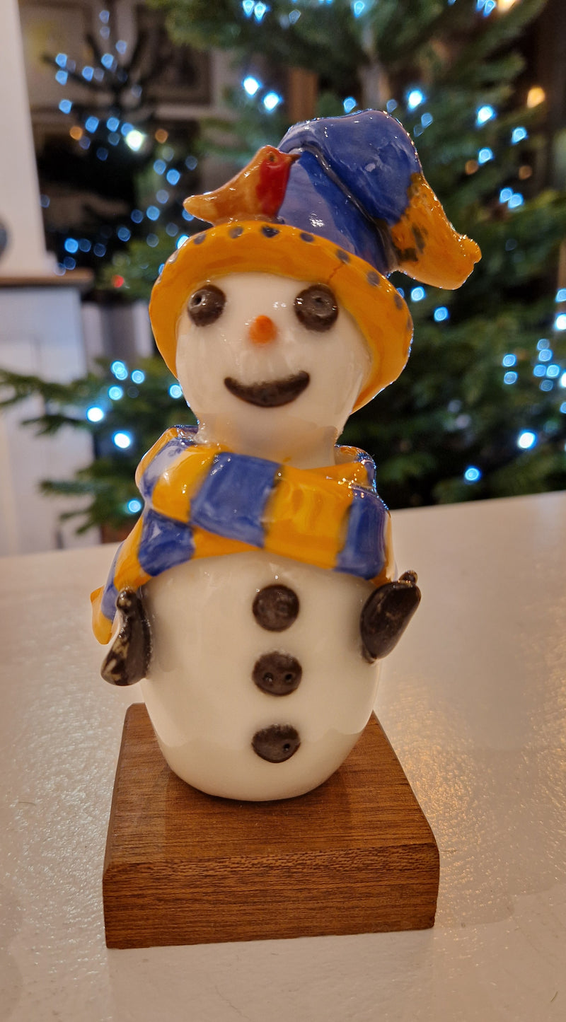 Handmade Large Ceramic Snowmen 2025 by Barbara Chadwick Blue and orange scarf and bobble hat with robin Gift from Barewall Art Gallery