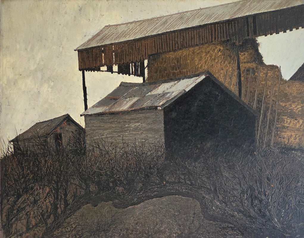 Barn and Sheds 1963 Oil Painting by Jack Simcock Original Art from Barewall Art Gallery